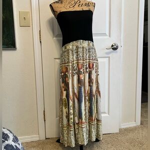 Rare unbranded Egyptian & hieroglyphs print stretchy strapless maxi dress rayon